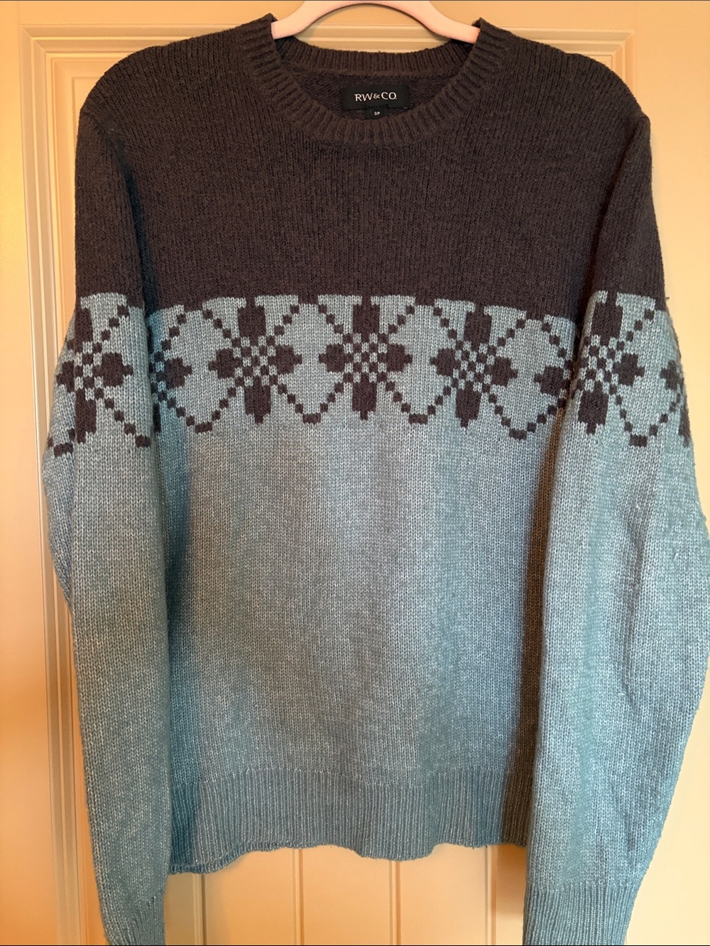 RW&CO. Light Blue and Dark Gray Fair Isle Crewneck Sweater